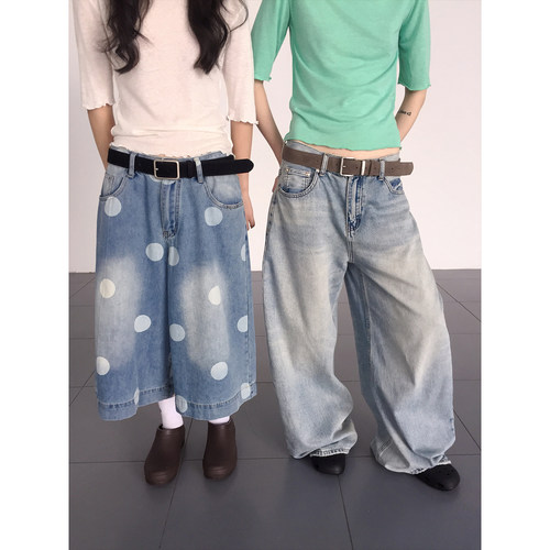 3months美式复古波点牛仔裤女2026夏水洗做旧阔腿显瘦百搭七分裤