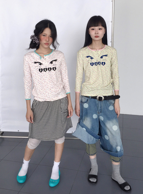 3months少女风碎花亨利领七分袖T恤女2026夏百搭显瘦甜酷打底上衣