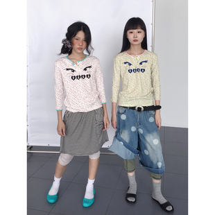 3months少女风碎花亨利领七分袖T恤女2026夏百搭显瘦甜酷打底上衣