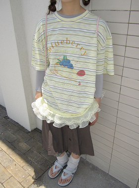 3months2026夏季新款韩系小众字母印花蕾丝花边拼接宽松条纹T恤女
