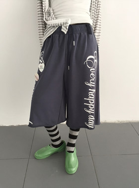 3months美式英文印花七分卫裤女