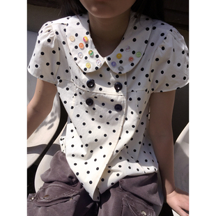 3months2026夏季新款韩系甜美风波点彩色纽扣娃娃领双排扣T恤衬衫
