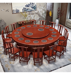 新中式酒店电动大圆桌实木餐桌会所酒店会所20人桌自动旋转火锅桌
