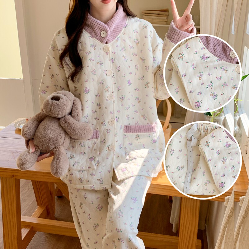 带胸垫孕妇大码夹层喂奶睡衣套装