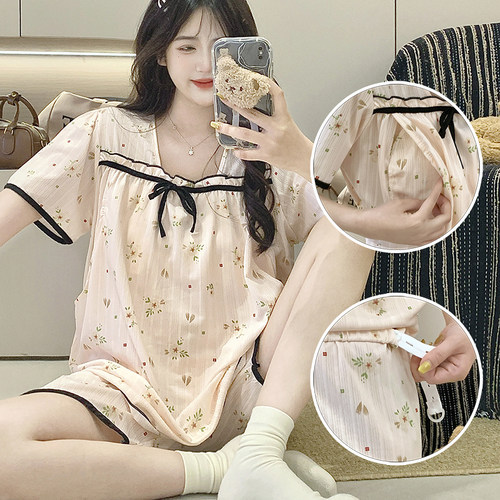 带胸垫莫代尔短袖孕妇哺乳睡衣夏