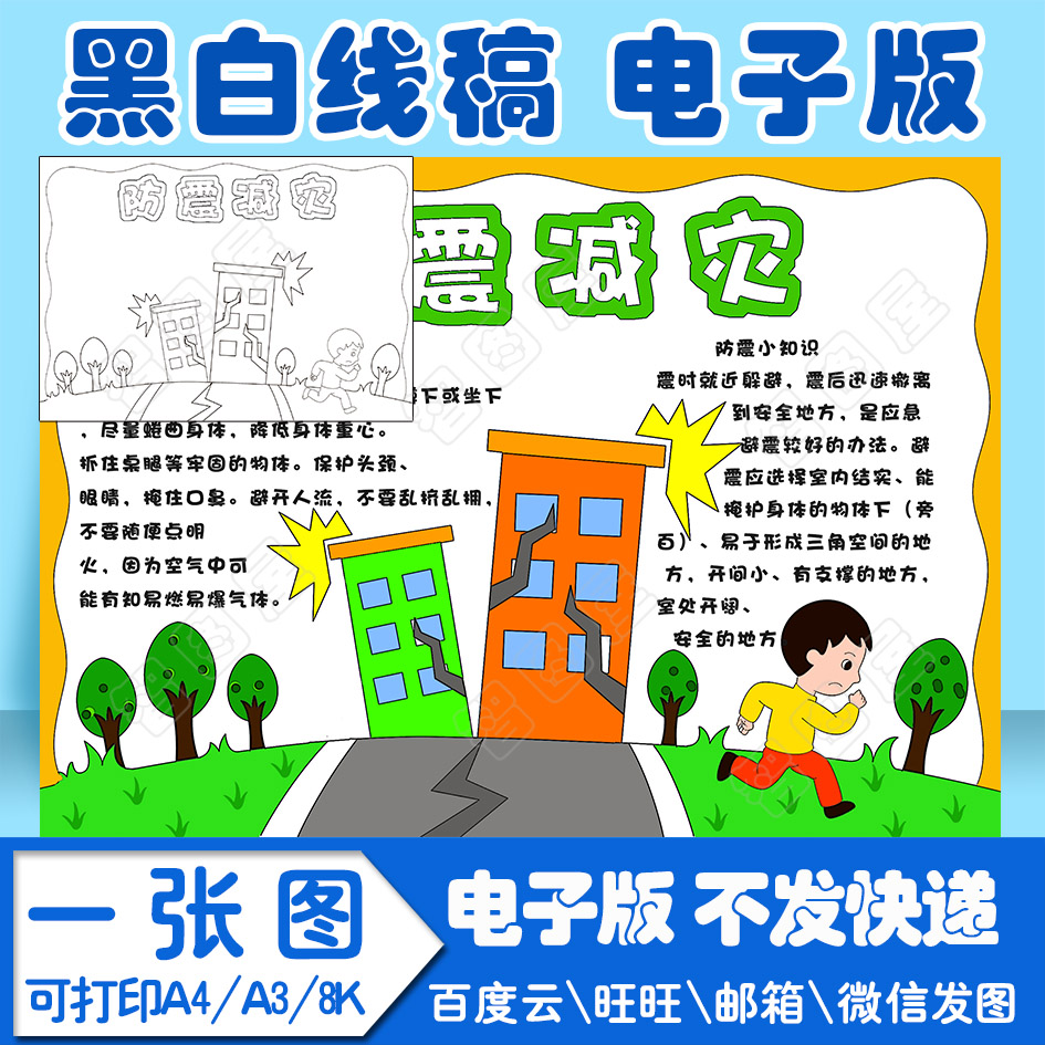 <strong></p></a>防震</strong>减灾1手抄报模板电子版黑白线稿填色图a4a38k