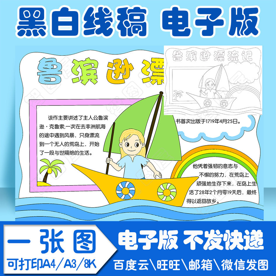 鲁滨逊漂流记读书卡抄报模板小学生电子模板线稿图a3 8k 4k a4