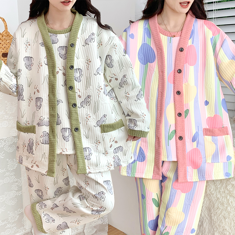 空气棉睡衣女春秋冬季保暖学生宿舍可爱特大码300斤家居服三件套