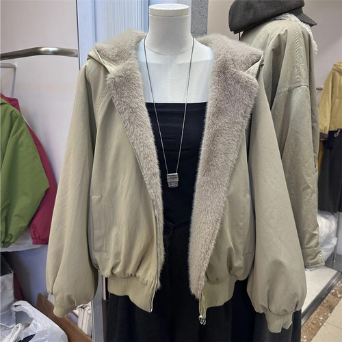 欧货加绒加厚连帽宽松派克服外套