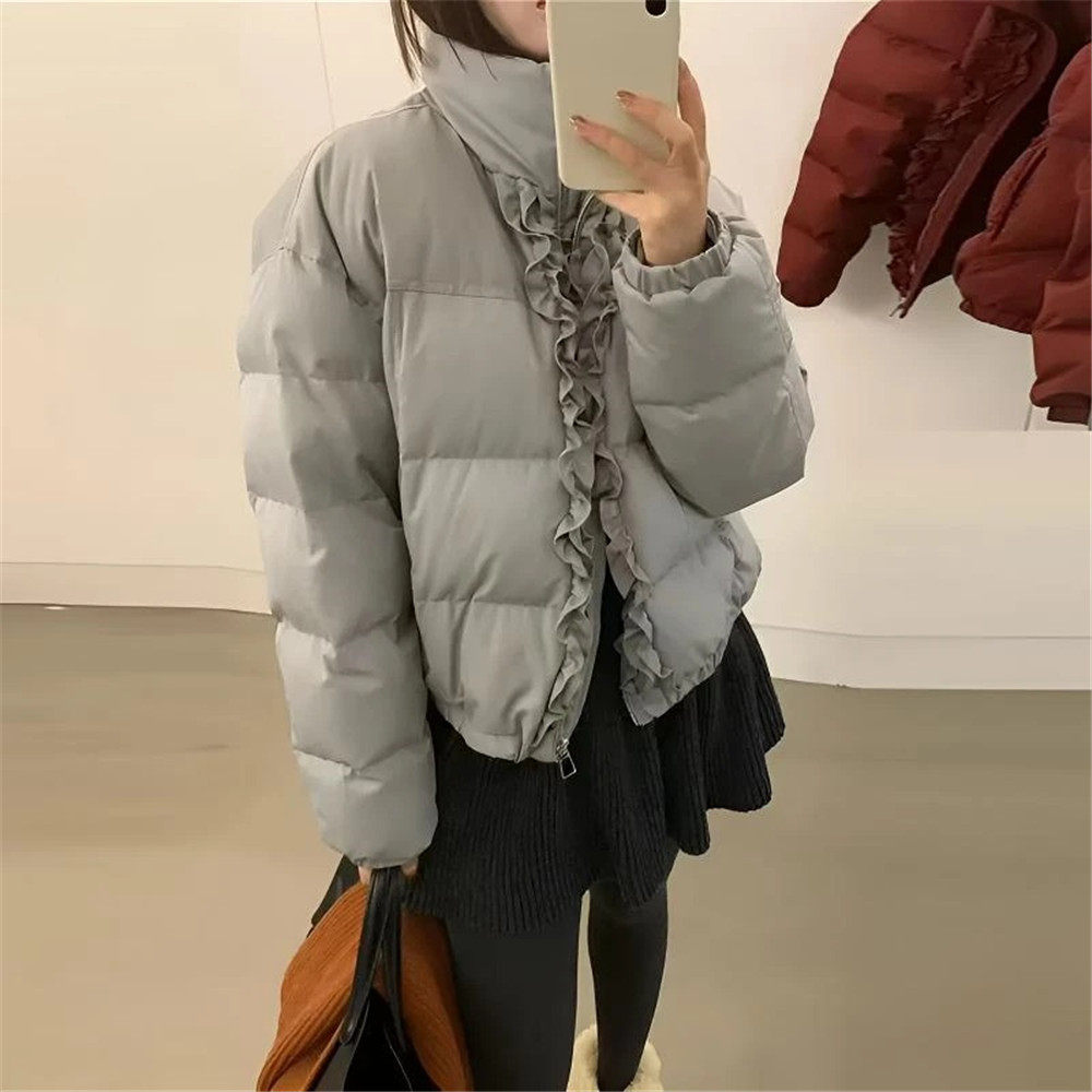 短款立领木耳花边休闲羽绒服外套