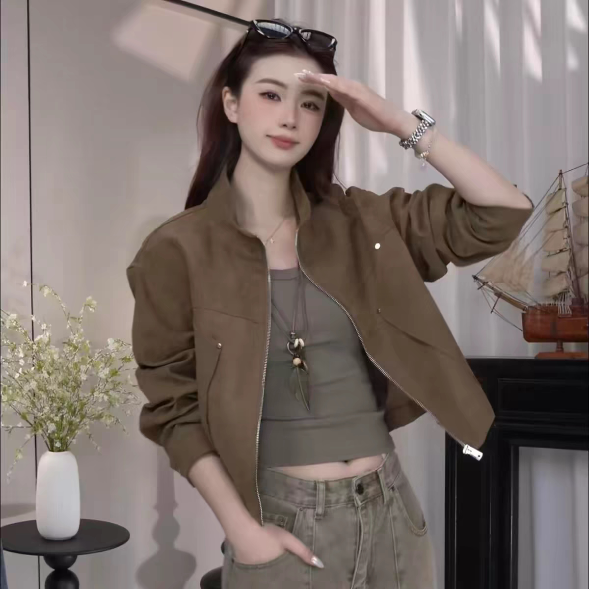 短款小个子翻领休闲夹克外套上衣图片