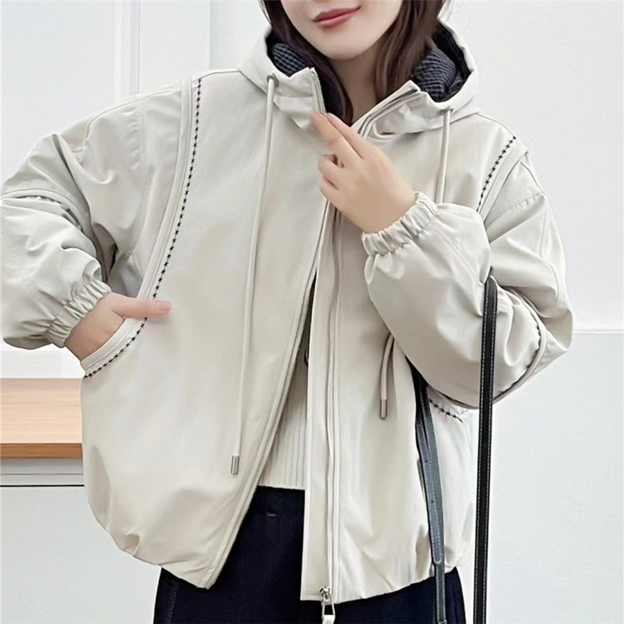 明线设计格子拼接连帽棉衣外套潮