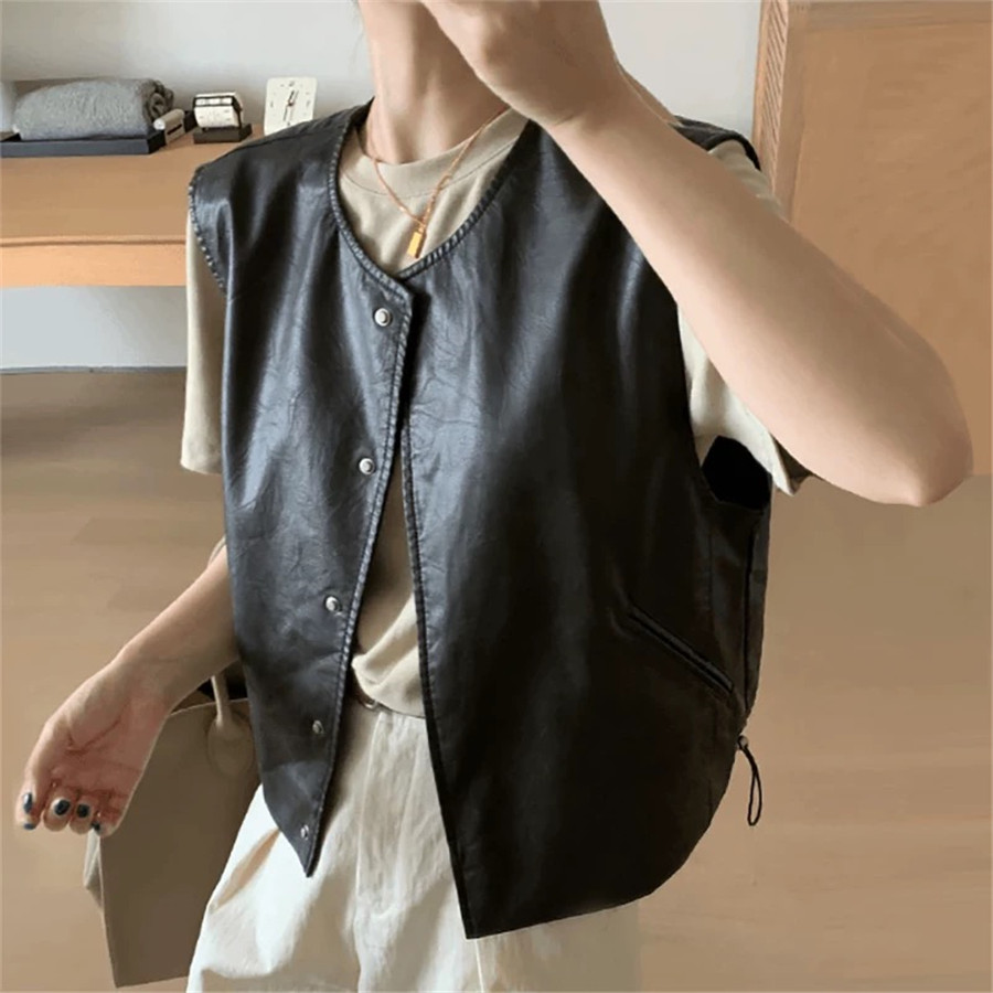 欧货简约圆领皮马甲背心女春秋新款宽松百搭叠穿休闲马夹坎肩外套