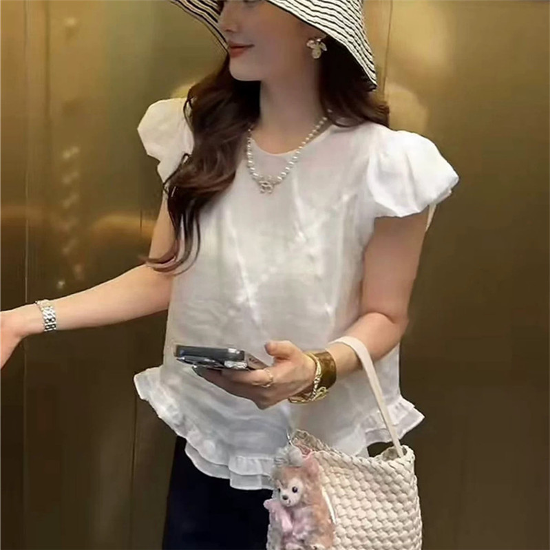 甜美荷叶边飞飞短袖圆领休闲衬衫