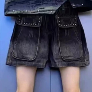 时尚大口袋阔腿水洗牛仔短裤女夏季新款宽松百搭休闲高腰工装热裤