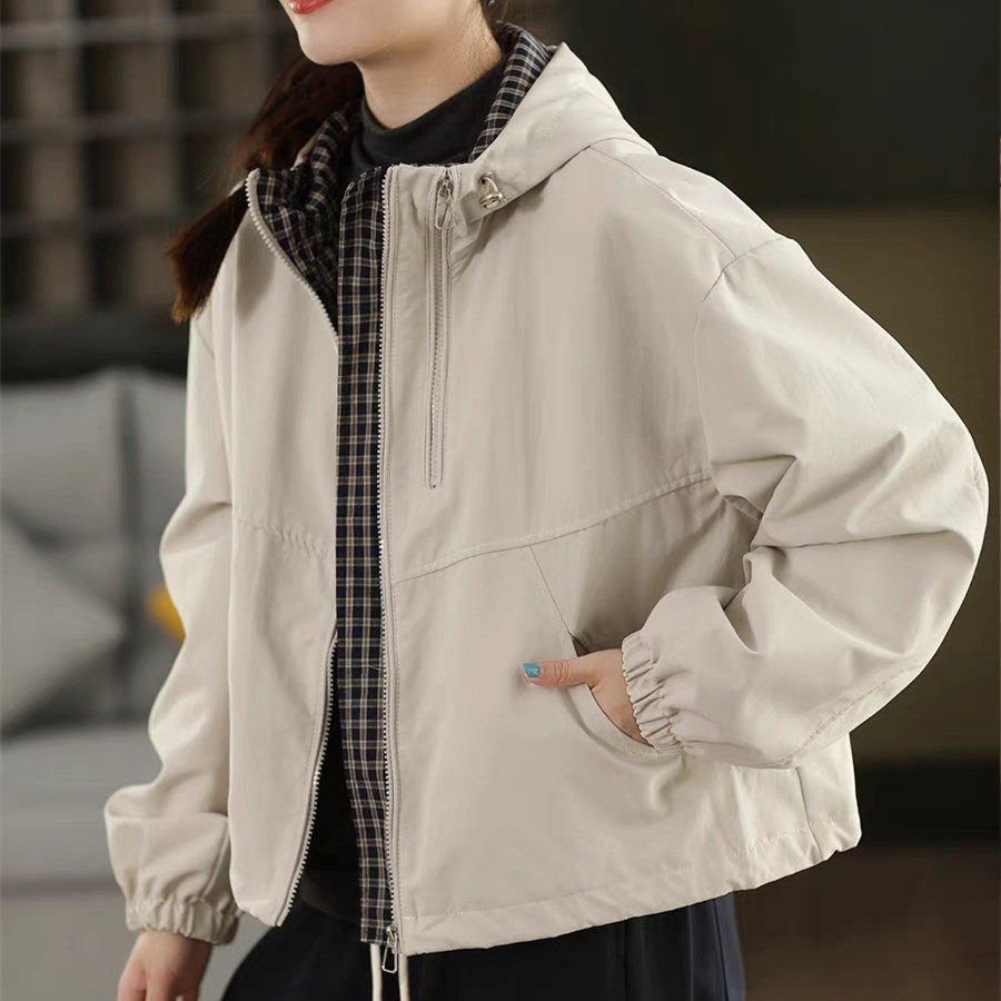 时尚短款格子拼接连帽工装外套女春秋新款宽松百搭休闲夹克上衣潮,女装/女士精品,短外套,淘宝优惠券,粉丝福利购,淘宝优惠卷
