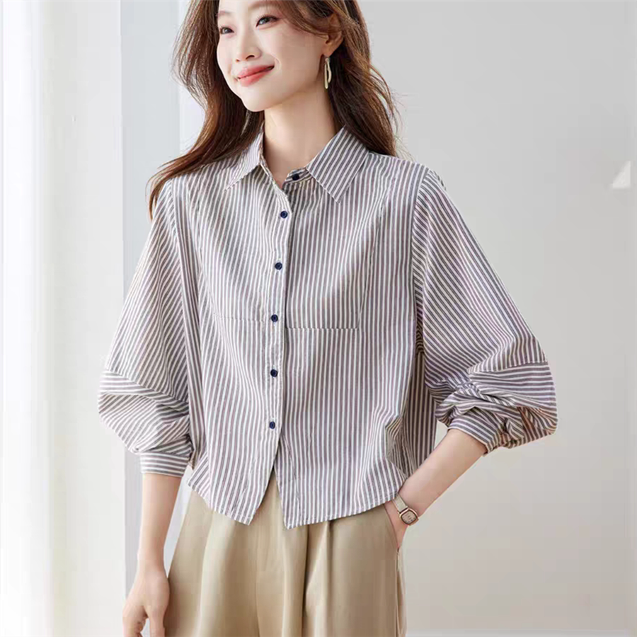 松弛感慵懒风条纹休闲衬衫上衣潮图片