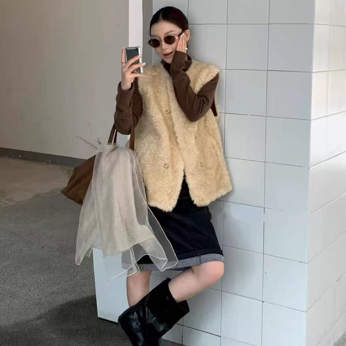双排扣休闲仿羊羔毛马甲背心外套