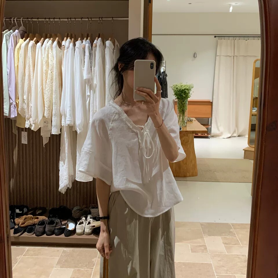 甜美木耳边系带V领短袖衬衫上衣图片
