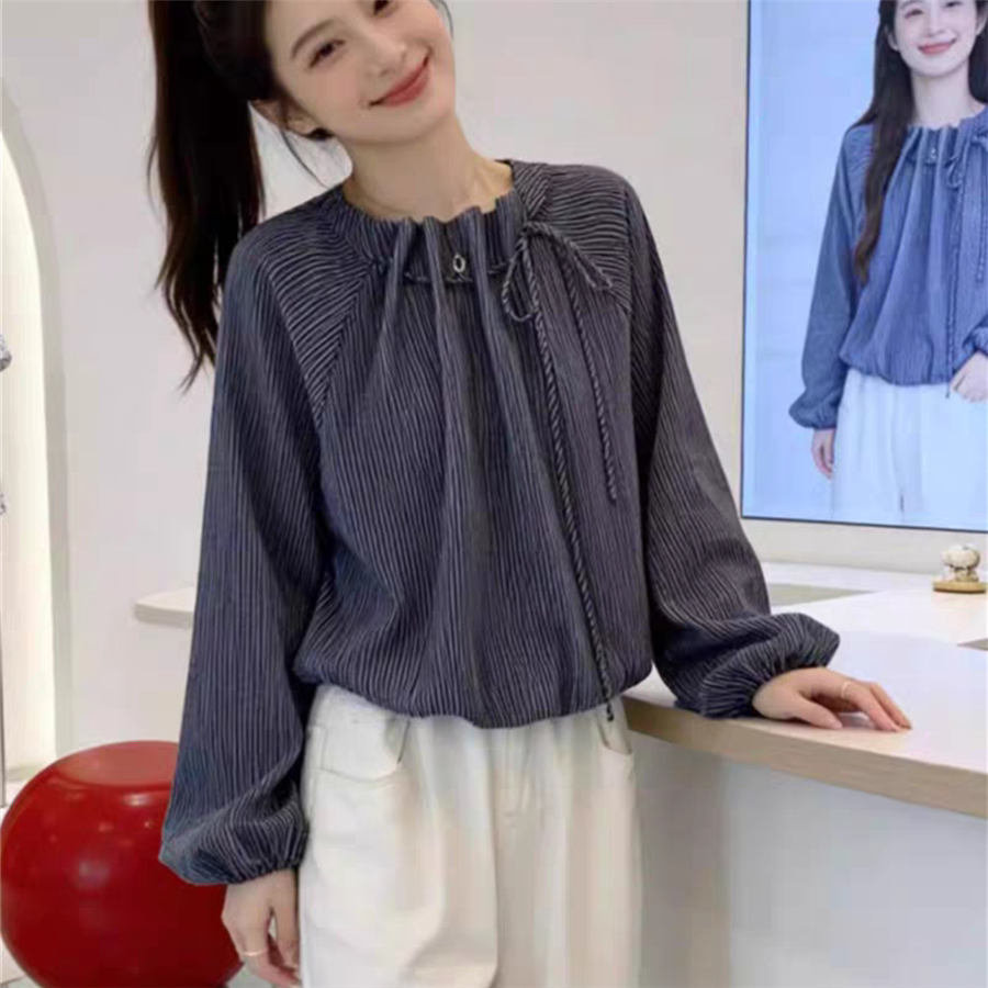 甜美气质系带圆领长袖衬衫女春秋新款宽松百搭休闲减龄衬衣上衣潮