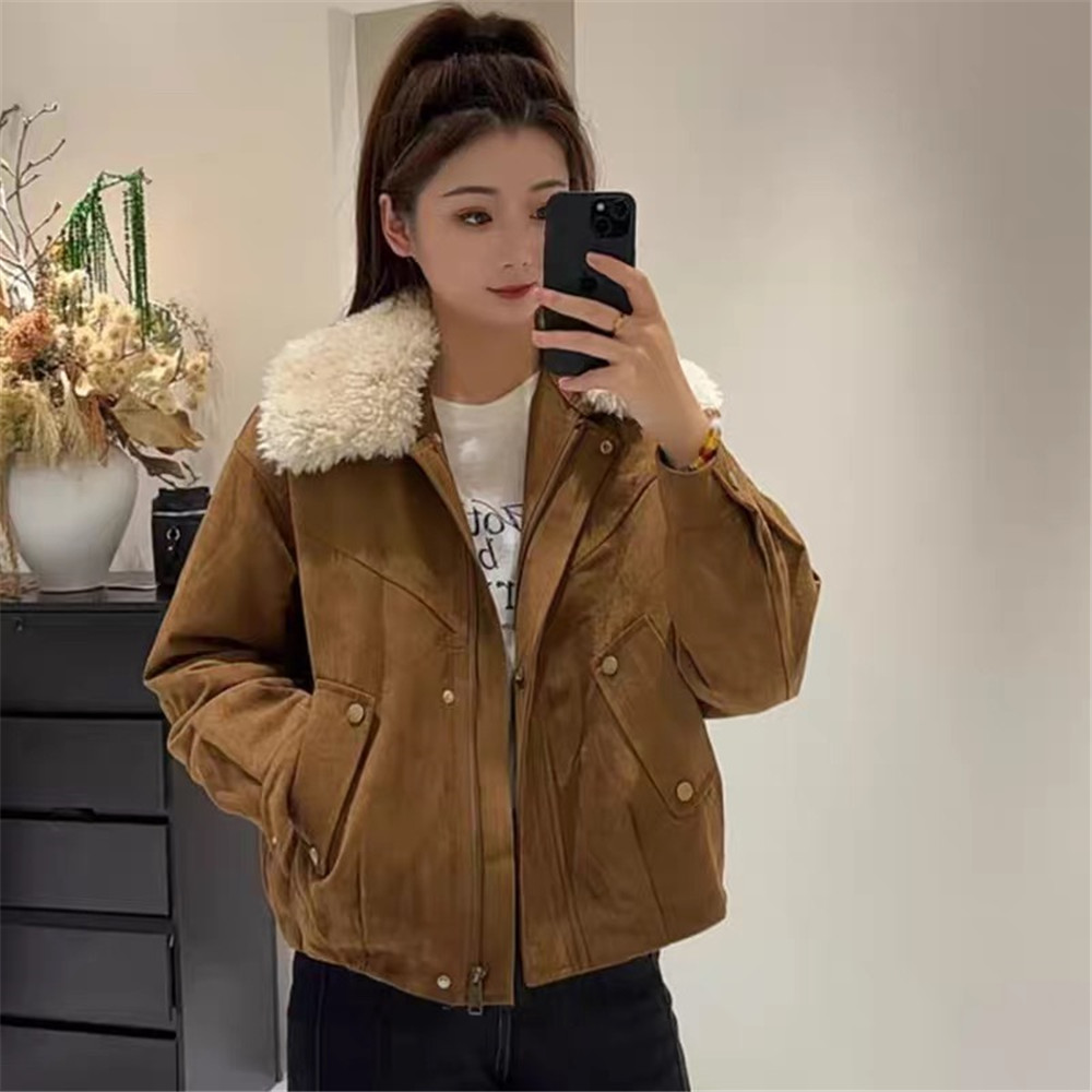 羊羔毛领麂皮绒宽松保暖夹克外套