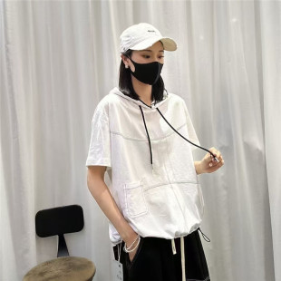 设计感抽绳连帽简约短袖T恤女夏季新款宽松显瘦休闲体恤衫上衣潮