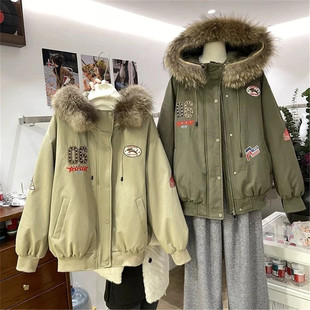 宽松休闲加绒加厚夹克上衣 新款 美式 复古大毛领连帽派克棉服女冬季