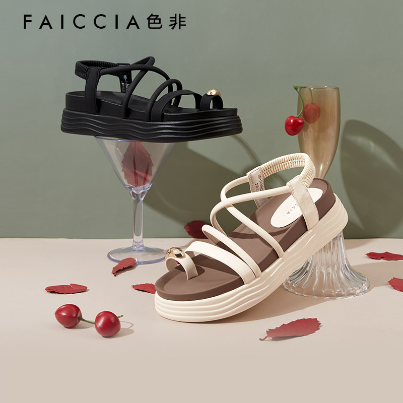 色非套趾厚底凉鞋2024年夏季新款松糕休闲配裙子条带罗马凉鞋B639