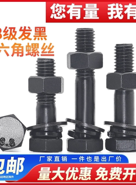 8.8级外六角黑色螺丝螺栓螺母高强度组合平垫弹垫套装M6M8M10-M30