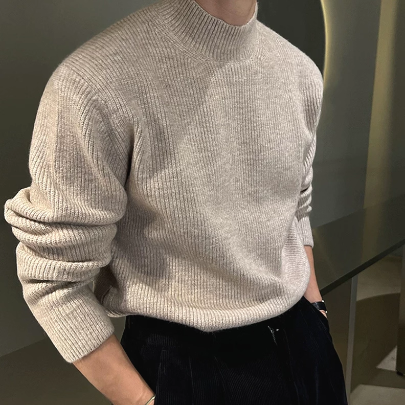 美式半高领针织衫男肌理感修身长袖卫衣薄款透气包芯纱羊毛打底衫