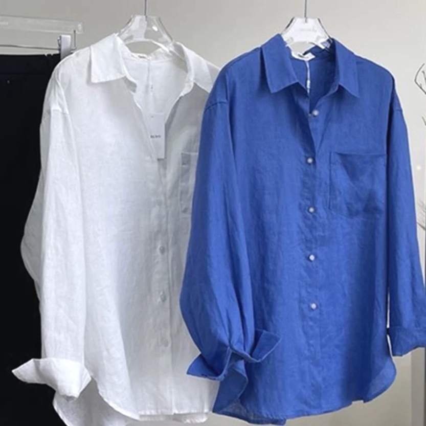 欧货棉麻皱布衬衫男经典口袋款长袖开衫天丝亚麻透气休闲工装衬衣