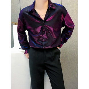 未来感液态红色光泽感缎面男女中性复古丝滑宽松慵懒垂感亮面衬衫