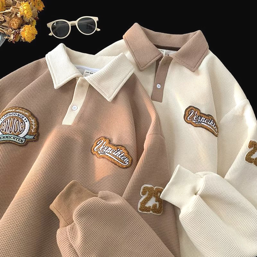 华夫格polo衫字母刺绣长袖拼接色