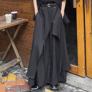 不规则设计感拼接叠层裙裤男假两件阔腿长裤法式高腰飘带剑道西裤