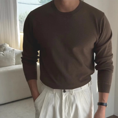 美式天丝针织衫男圆领修身长袖潮