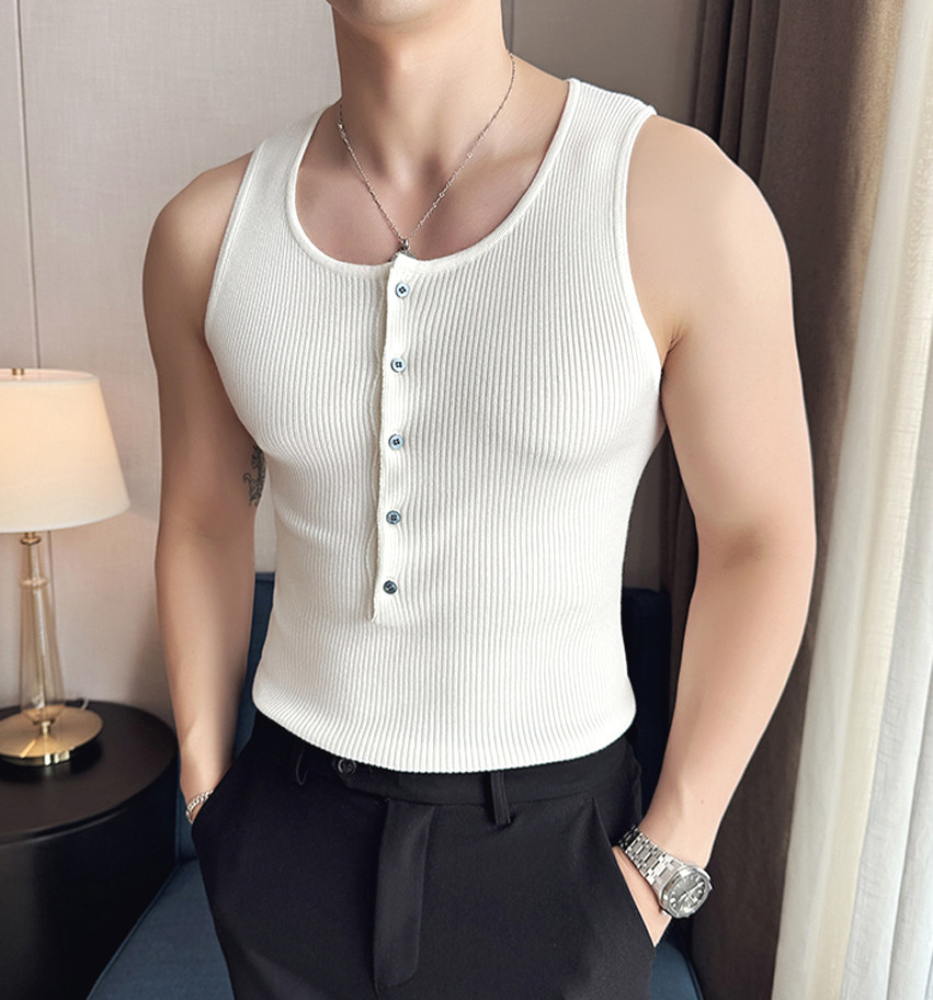 重磅纯棉条纹背心男半开扣紧身弹力无袖t恤肌理性感低领打底坎肩