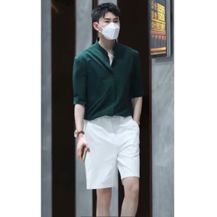 立领衬衫 冰丝雪纺寸衫 男潮暗扣设计感修身 免烫打底衬衫 短袖 新中式