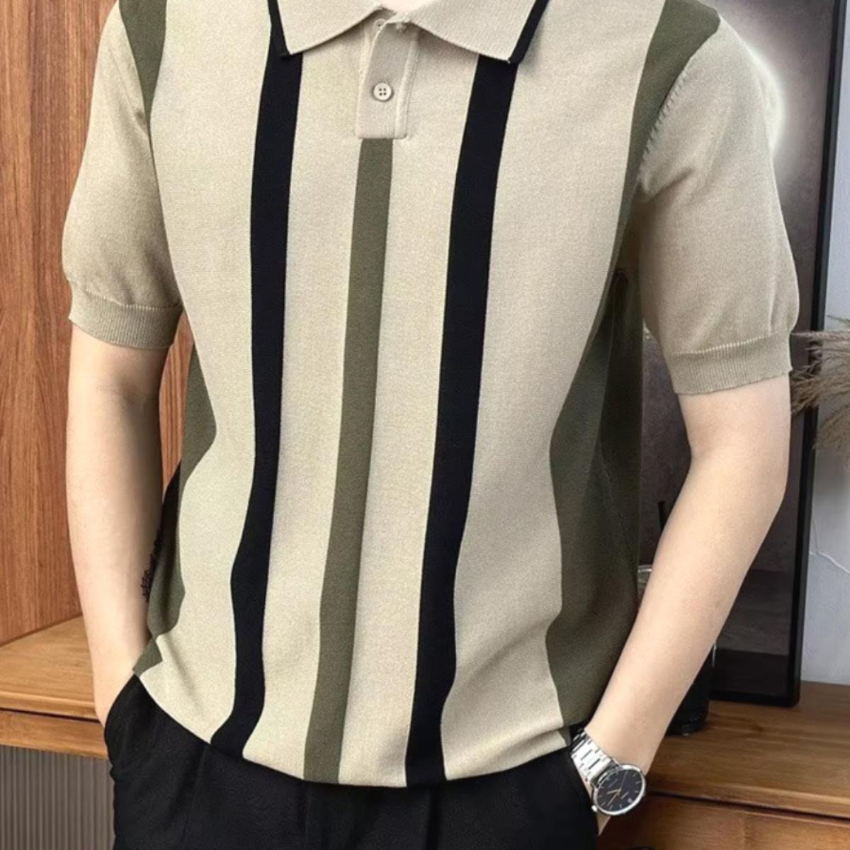 英伦风复古针织polo衫男撞色条纹修身短袖卫衣丝光棉冰丝保罗衫潮