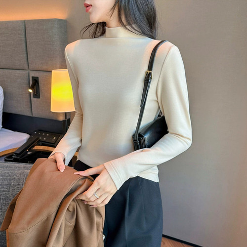 半高领无痕德绒打底衫女秋冬季加厚保暖柔软亲肤修身纯色长袖T恤