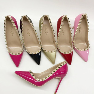 浅口黑色OL职业柳丁单鞋 V家铆钉高跟鞋 尖头10cm细跟2019新款