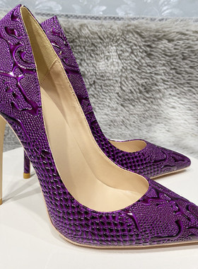 欧美新款12cm紫色蛇纹高跟鞋女细跟尖头浅口设计感小众单鞋10cm