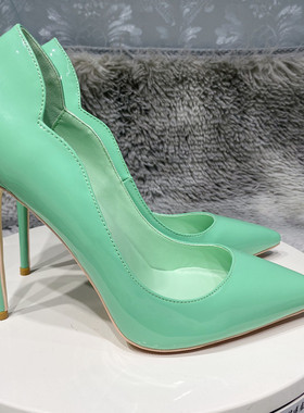 欧美新款性感12cm尖头高跟鞋女浅口浅绿色细跟职业单鞋女纯色10cm
