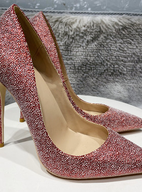 欧美新款红色满天星12cm超高跟性感细跟尖头浅口单10cm年会女鞋