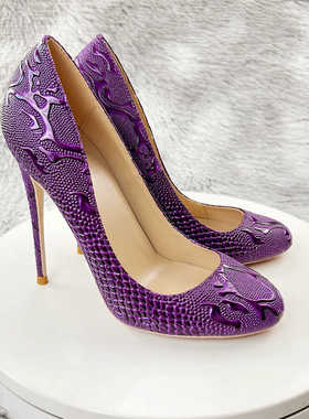 新款紫色压纹女鞋蛇纹名媛高跟鞋12CM圆头细跟浅口单鞋宴会鞋10cm