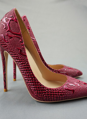 12cm红色蛇纹尖头细跟高跟鞋女新款气质女鞋百搭职业浅口单鞋10cm