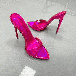 新款镭射玫红12cm高跟鞋女细跟尖头凉拖鞋女外穿性感气质名媛风