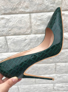 欧美新款墨绿色鳄鱼纹高跟鞋尖头细跟10cm女性感单鞋大码40-43