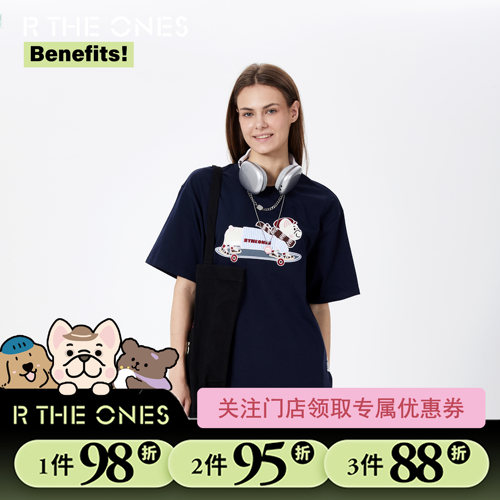RTHEONES韩系滑板狗狗卡通宽松圆领短袖T恤女夏季百搭显瘦上衣