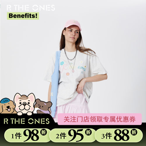 RTHEONES韩系彩色小花刺绣字母宽松圆领短袖T恤女夏季百搭上衣