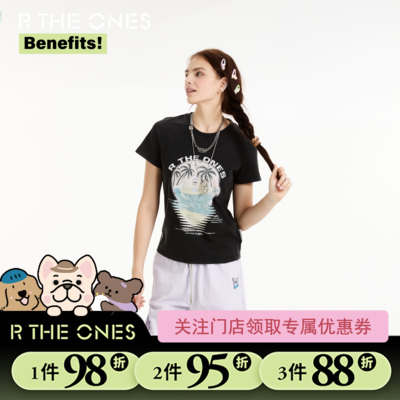 RTHEONES美式辣妹印花复古美式夏威夷小狗纯棉t恤女夏修身小版t恤